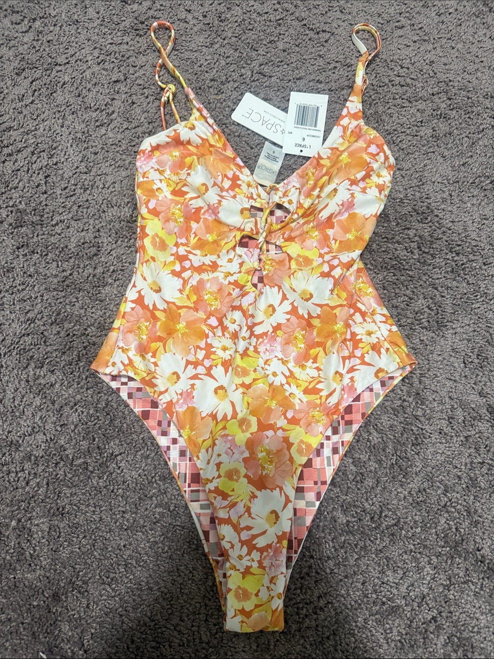 l*space Orange, Yellow & White Floral Lace-Up One-Piece Swimsuit
